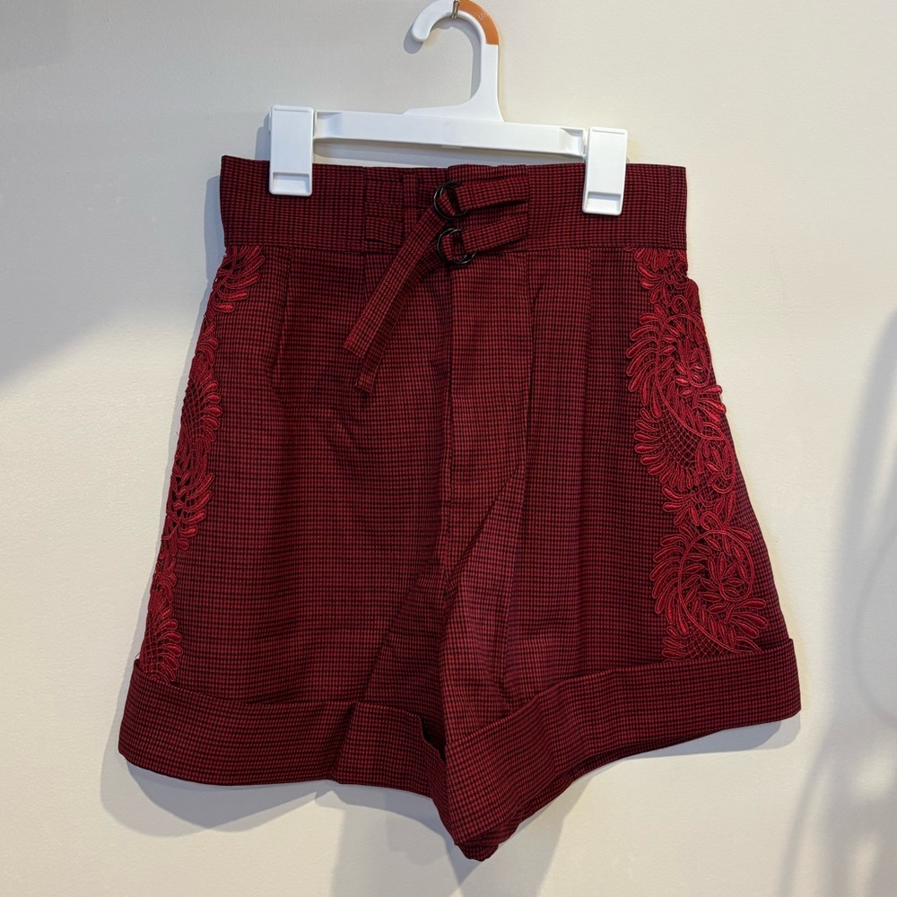 New Self-Portrait Burgundy Red Embroidered High Waist Shorts Size US 4